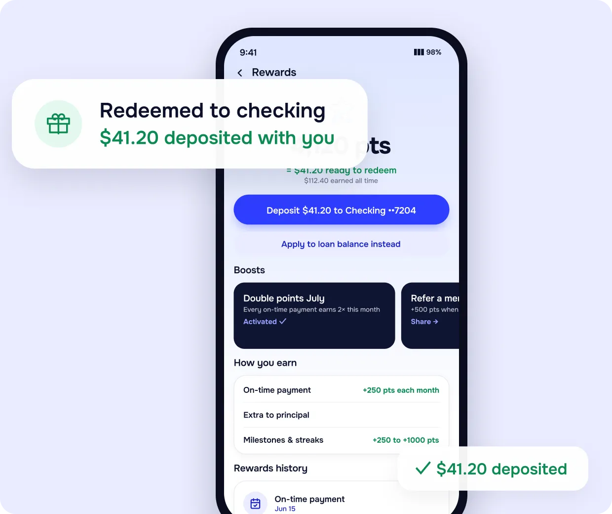 Rory rewards screen redeeming points: “Redeemed to checking, $41.20 deposited with you”