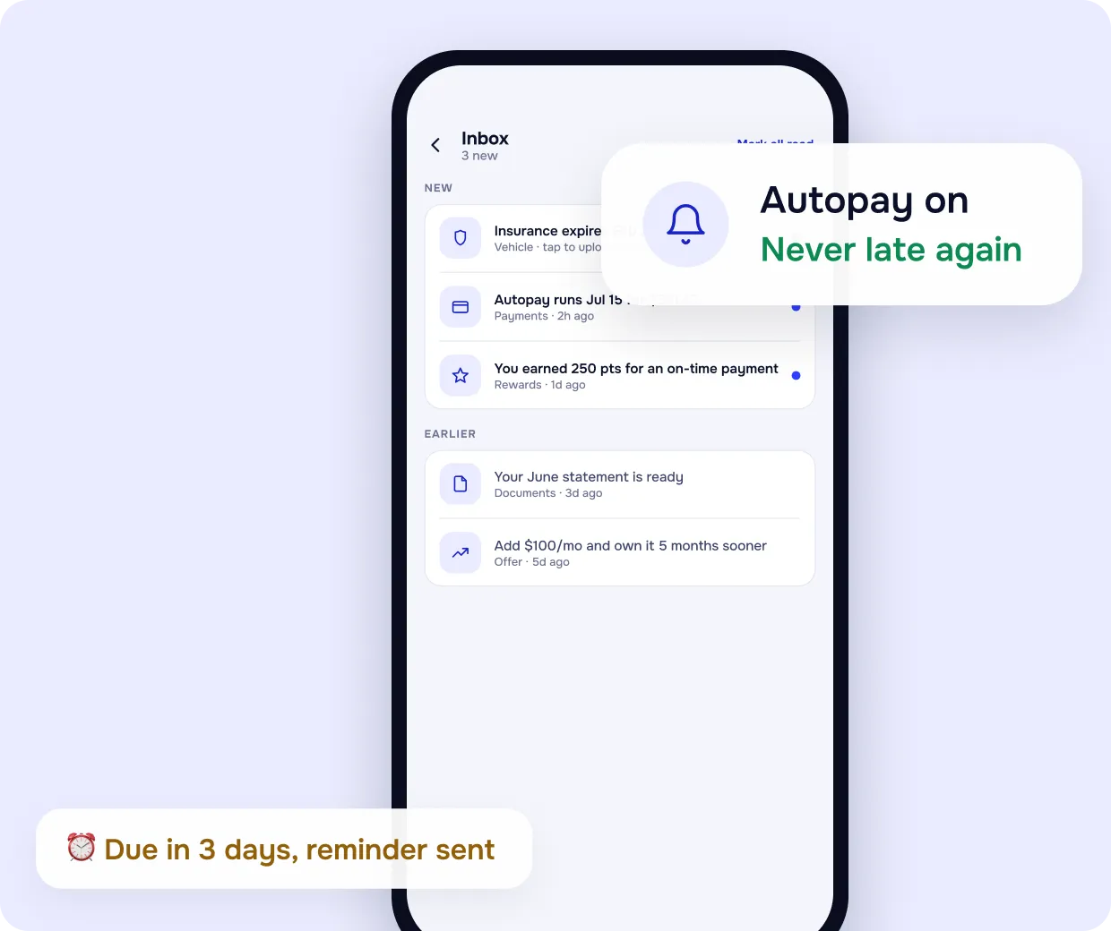 Rory app inbox with an “Autopay on, never late again” banner and a “Due in 3 days, reminder sent” pin
